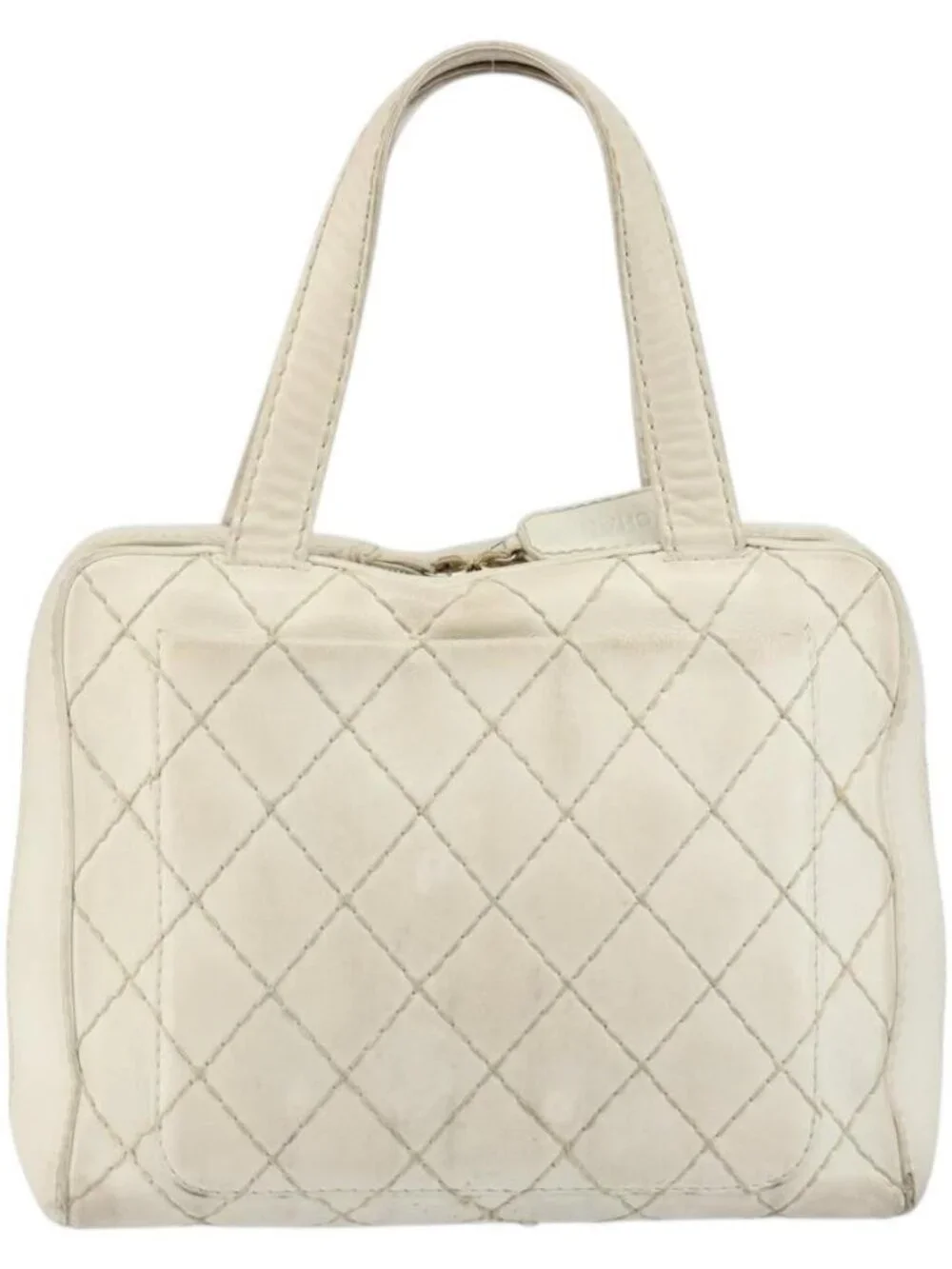 CHANEL Wild Stitch Hand Bag Leather White Gold CC Auth BA6858